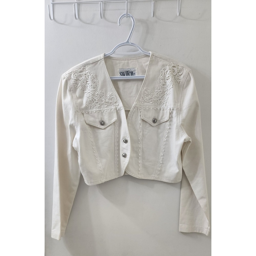 Vintage Switch USA Cream Denim Cropped Jacket Lace Applique Western Boho Medium